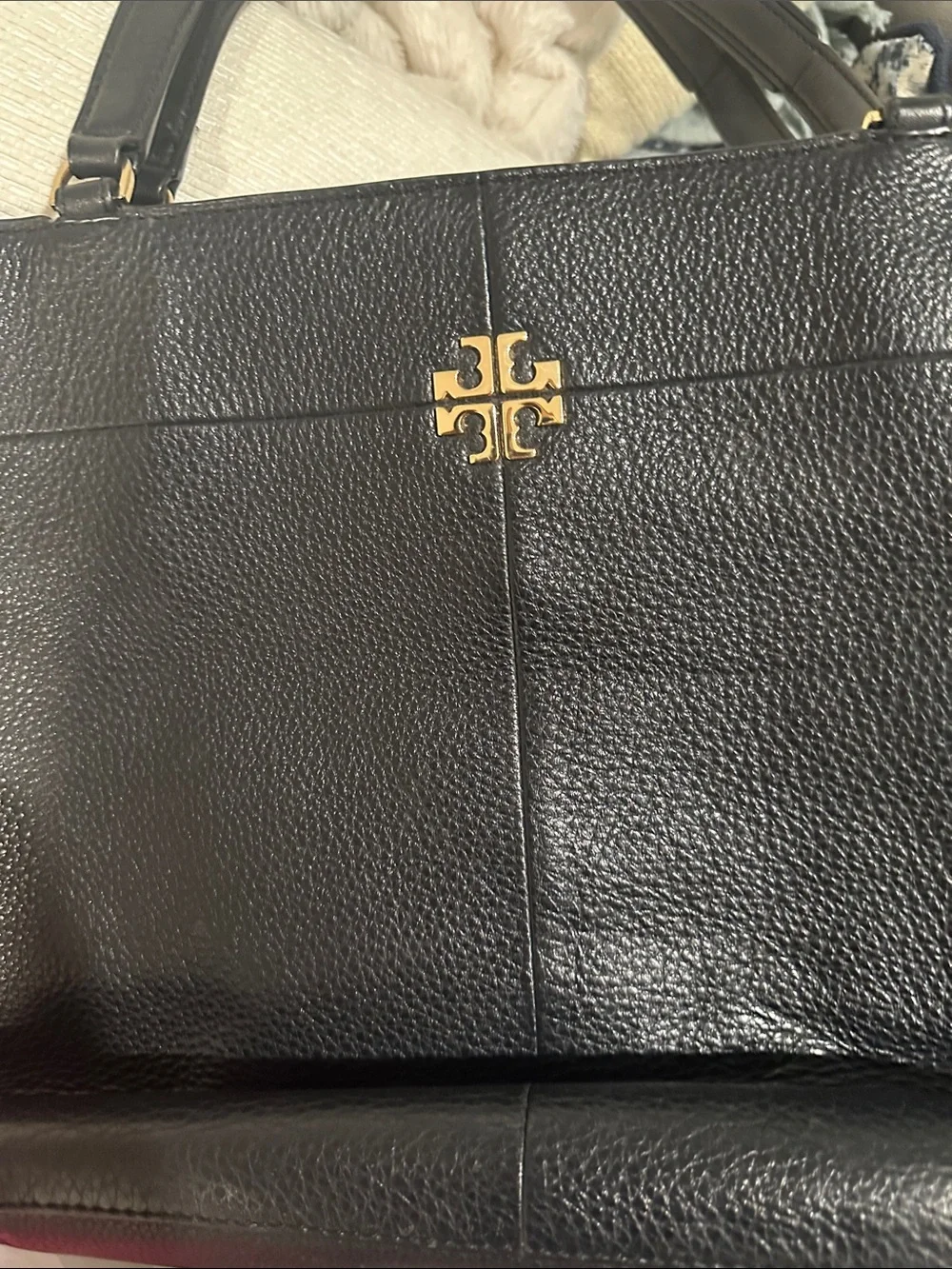 Tory Burch Black Leather Tote with Gold Emblem Ivy Side-Zip Tote